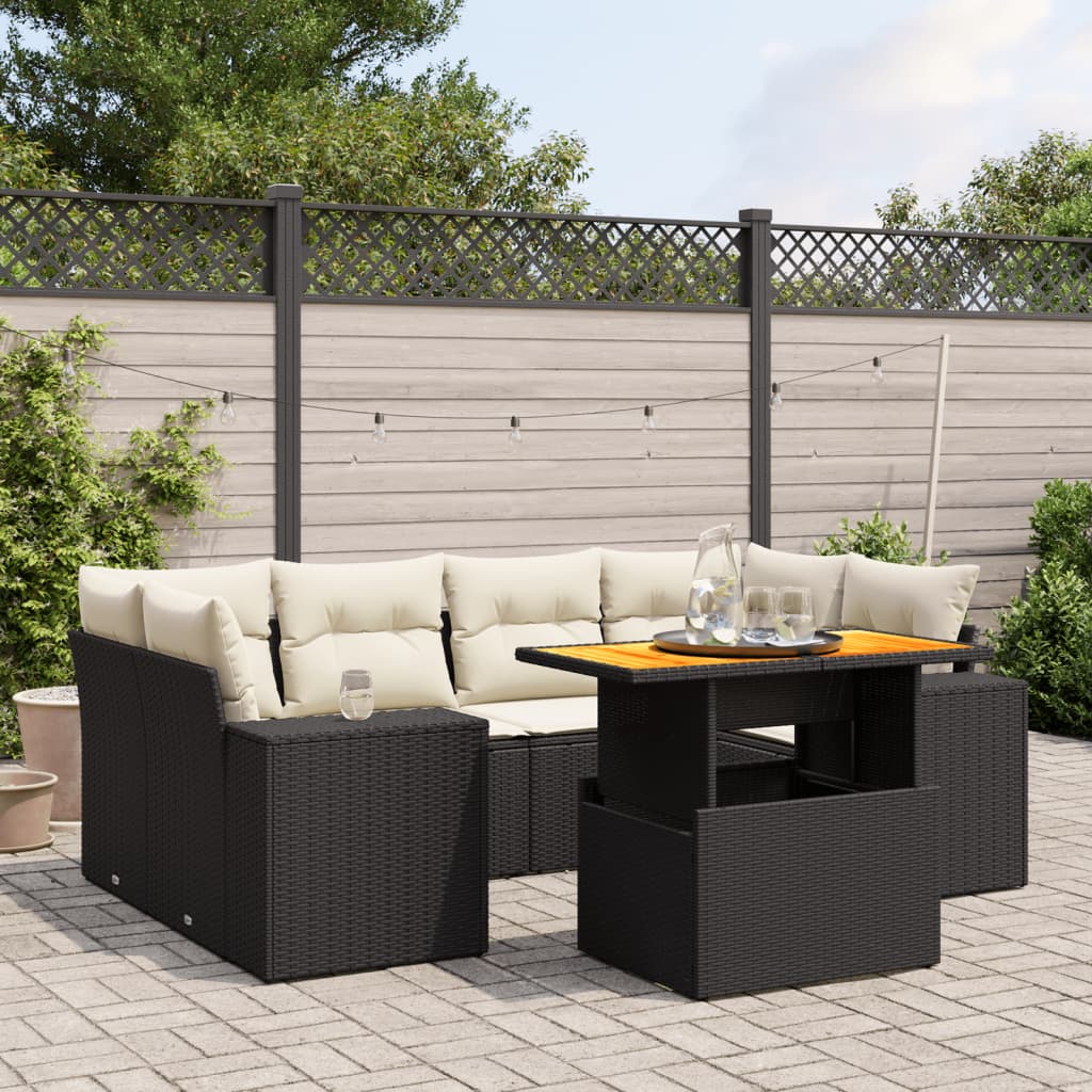 Salon de jardin 7 pcs avec coussins noir résine tressée
