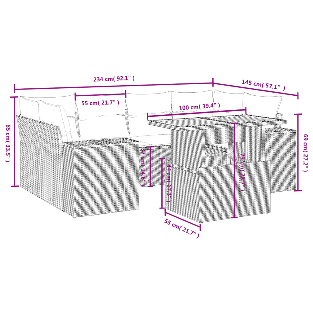 Salon de jardin avec coussins 7 pcs gris résine tressée