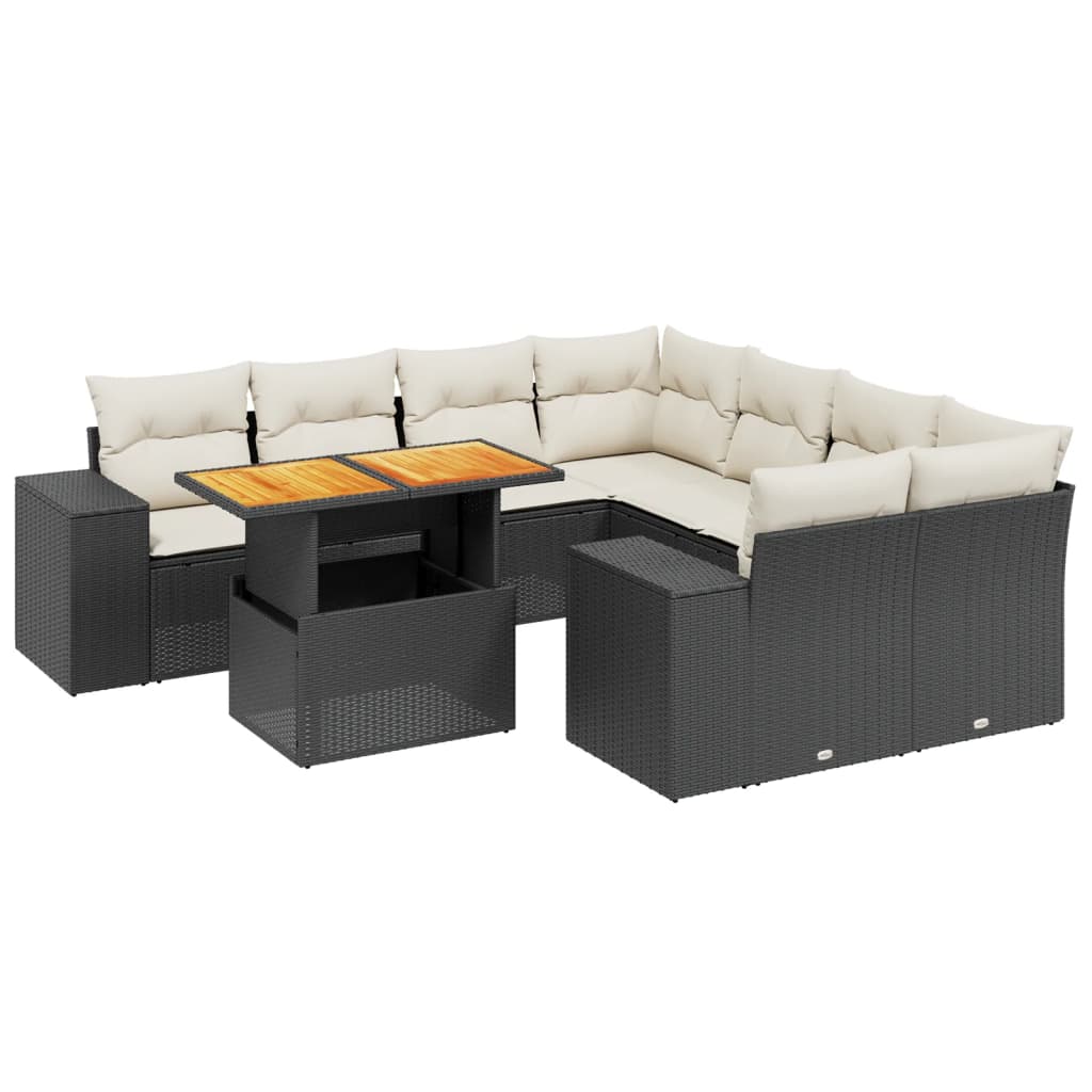 Salon de jardin 9 pcs avec coussins noir résine tressée