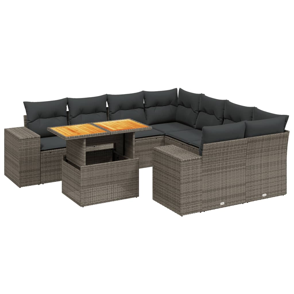Salon de jardin 9 pcs avec coussins gris résine tressée