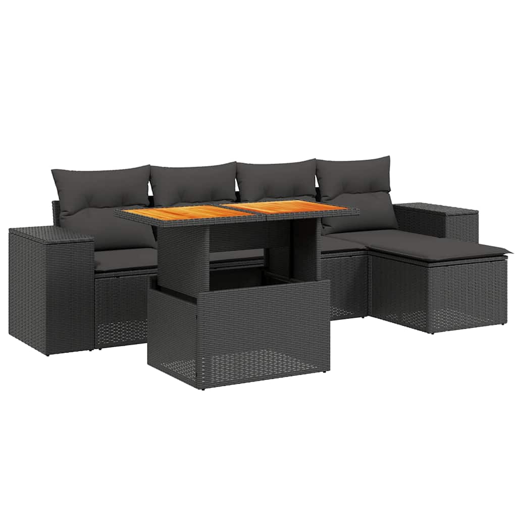 Salon de jardin 6 pcs avec coussins noir résine tressée