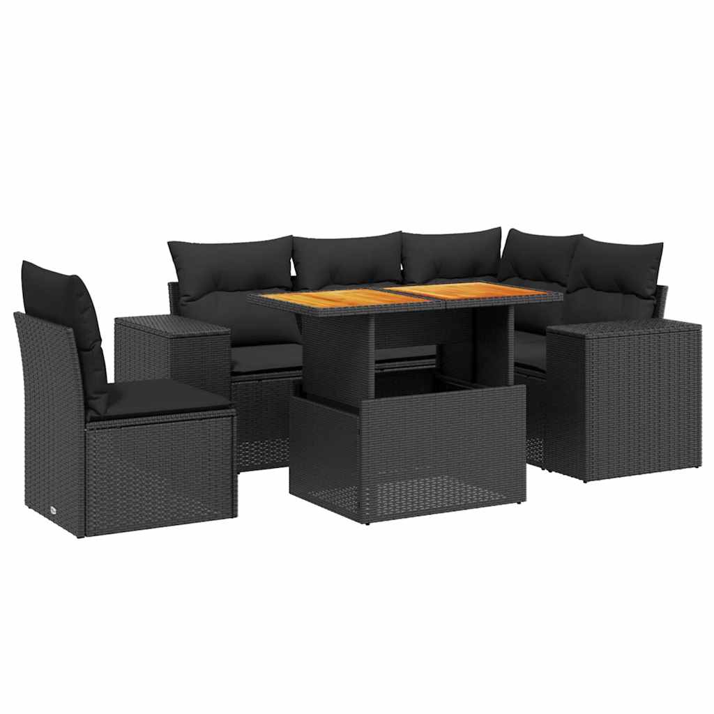 Salon de jardin 6 pcs avec coussins noir résine tressée