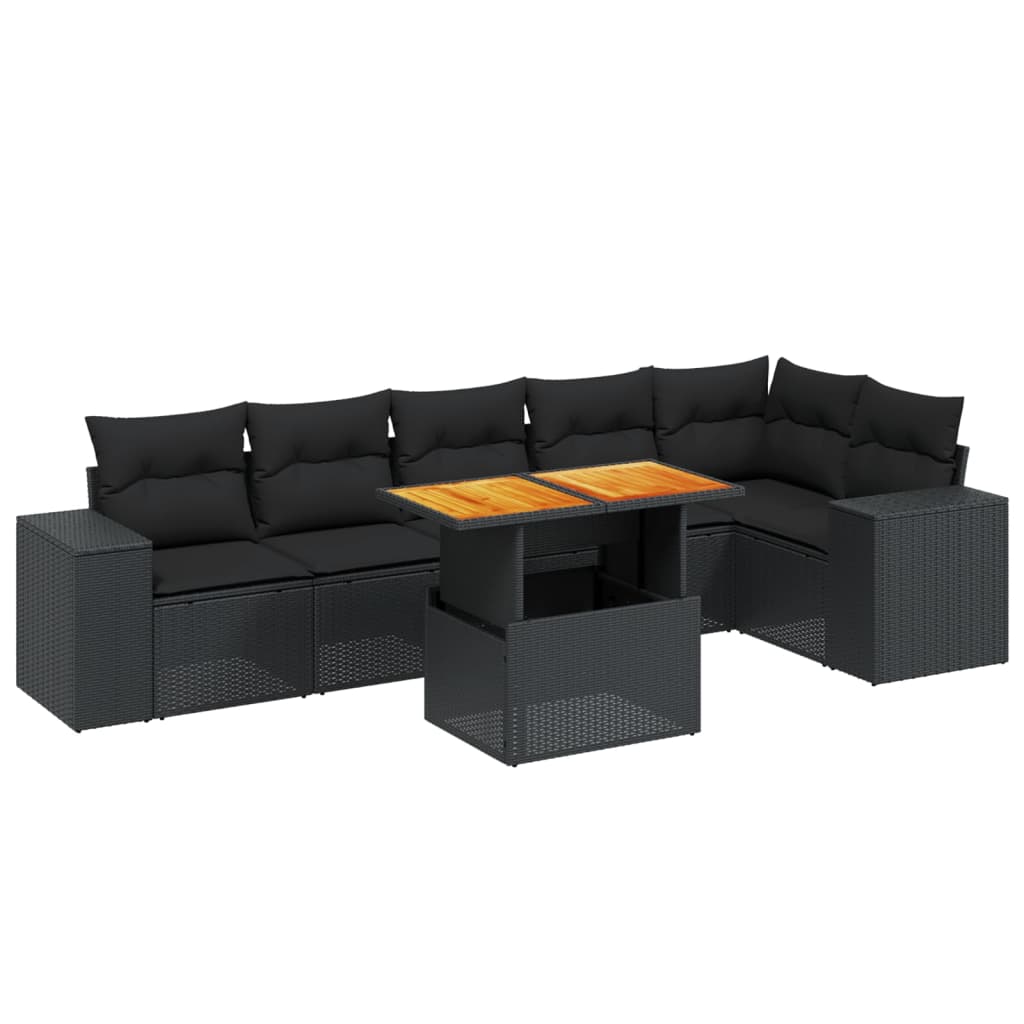 Salon de jardin 7 pcs avec coussins noir résine tressée