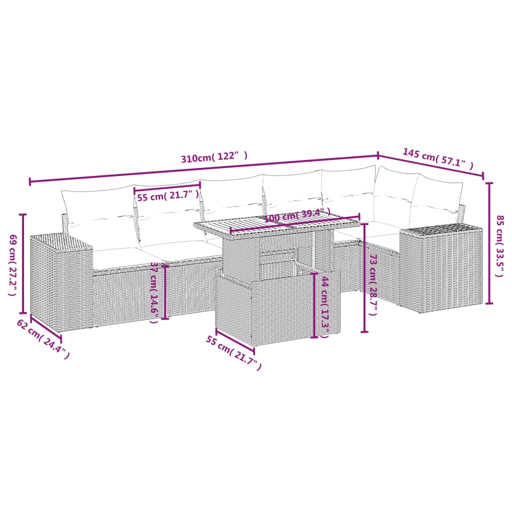 Salon de jardin avec coussins 7 pcs beige résine tressée