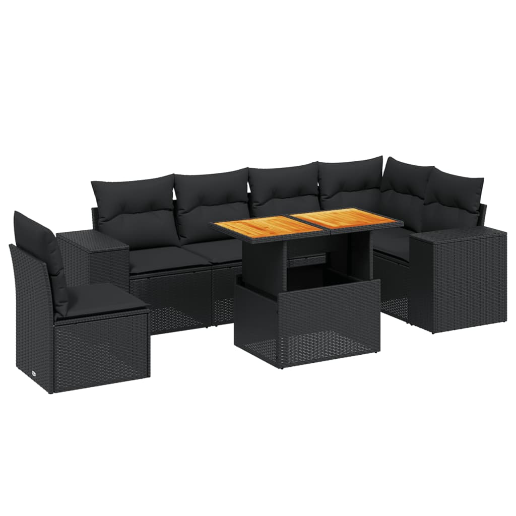 Salon de jardin 7 pcs avec coussins noir résine tressée