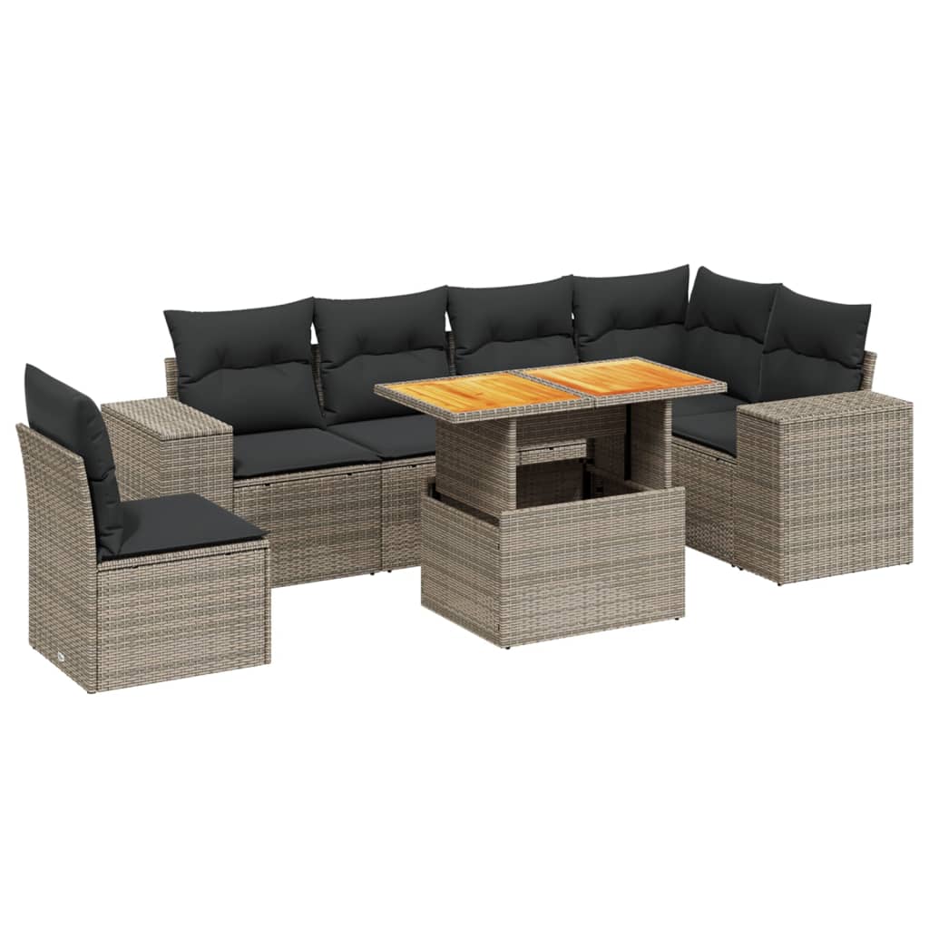 Salon de jardin avec coussins 7 pcs gris résine tressée