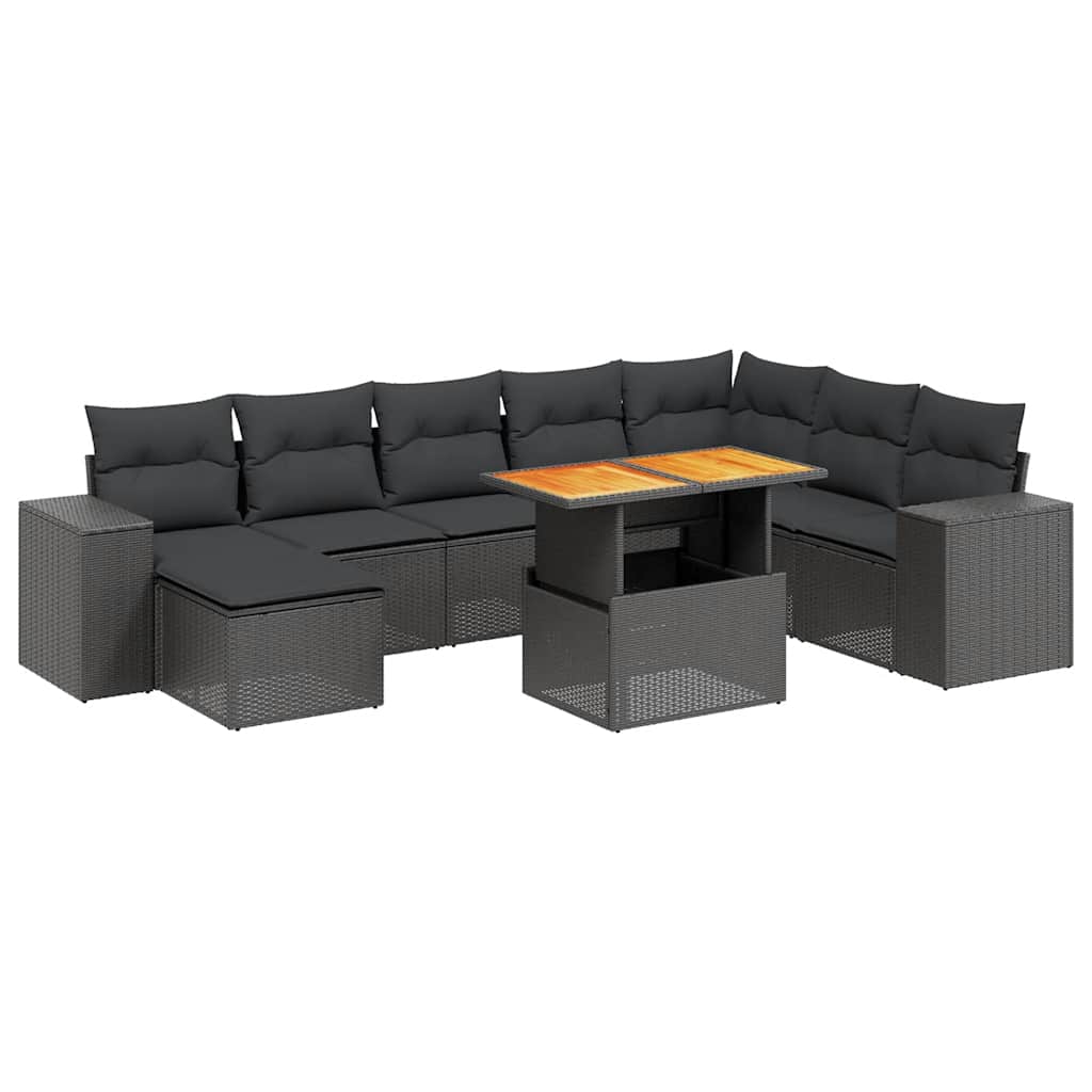 Salon de jardin 9 pcs avec coussins noir résine tressée
