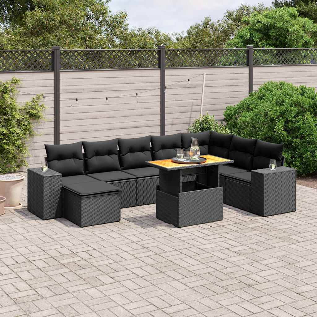 Salon de jardin 9 pcs avec coussins noir résine tressée