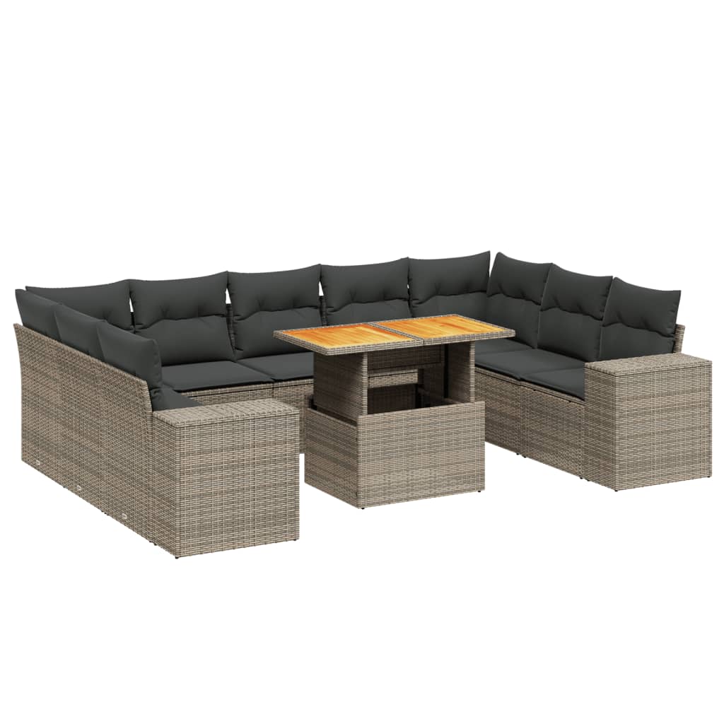 Salon de jardin avec coussins 10 pcs gris résine tressée