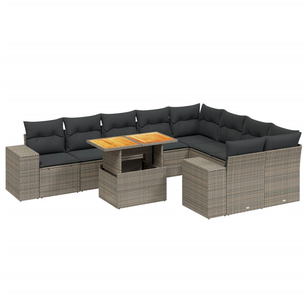 Salon de jardin avec coussins 10 pcs gris résine tressée