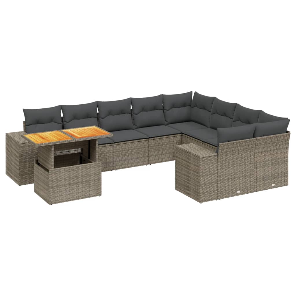 Salon de jardin avec coussins 10 pcs gris résine tressée