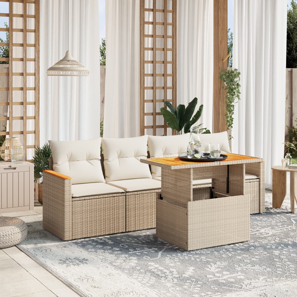 Salon de jardin avec coussins 5 pcs beige résine tressée