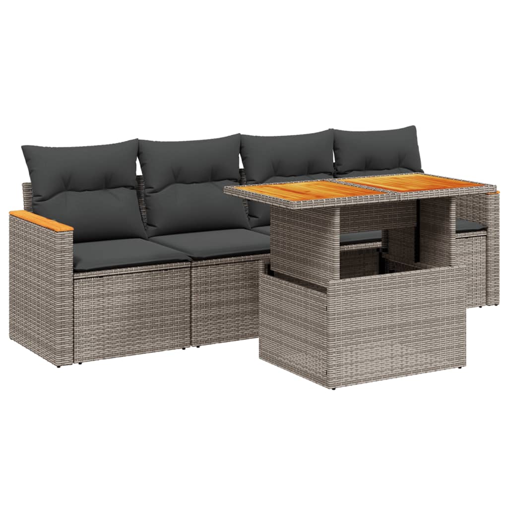 Salon de jardin 5 pcs avec coussins gris résine tressée