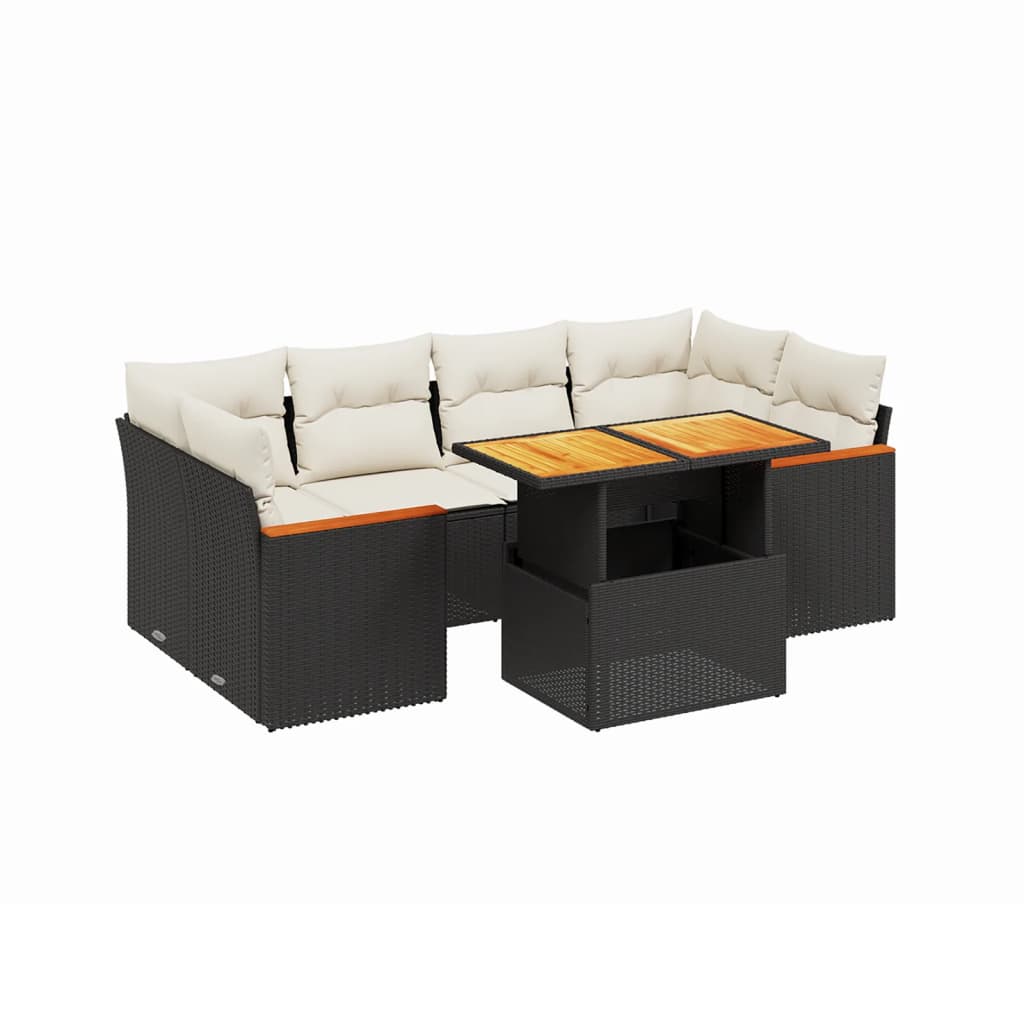 Salon de jardin 7 pcs avec coussins noir résine tressée