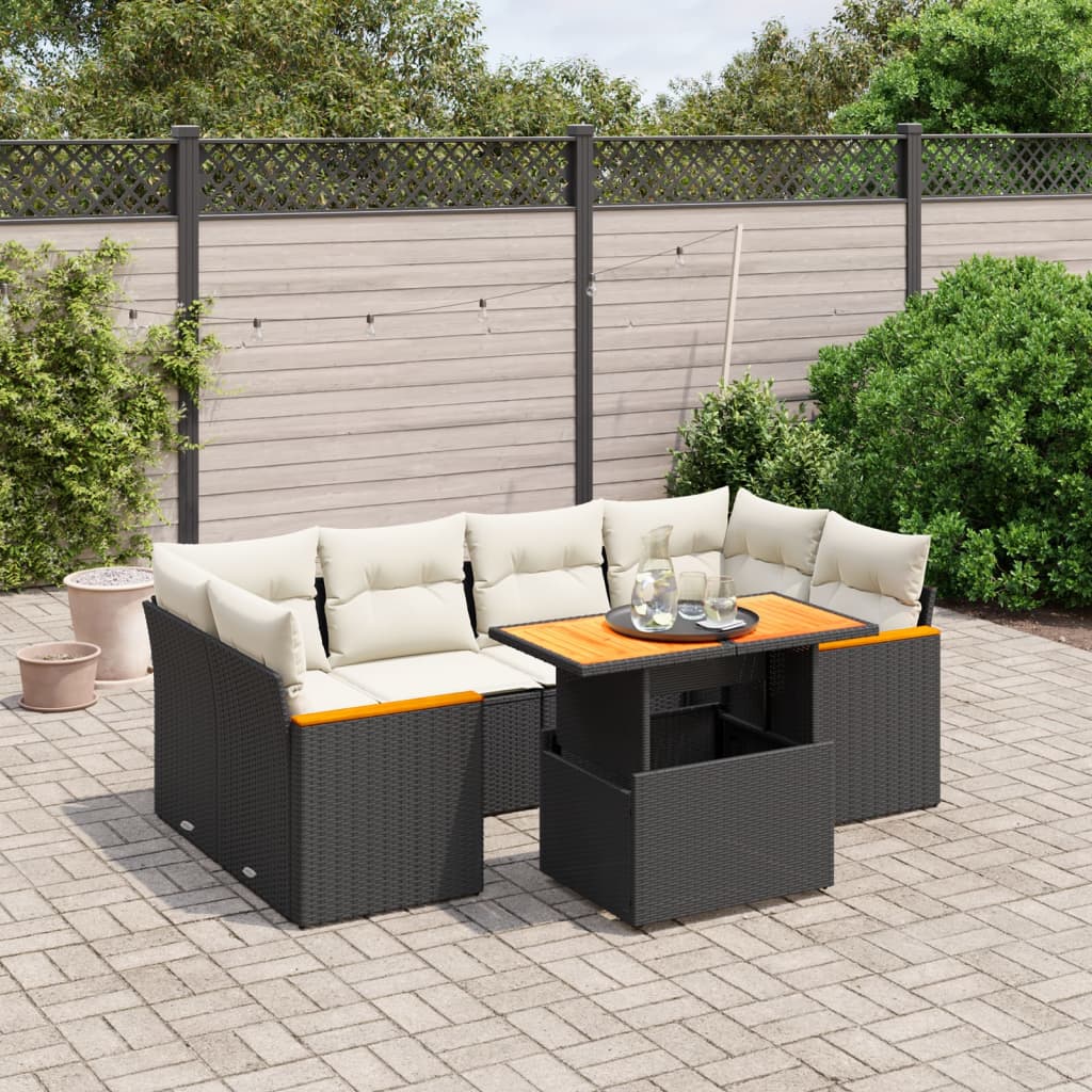 Salon de jardin 7 pcs avec coussins noir résine tressée