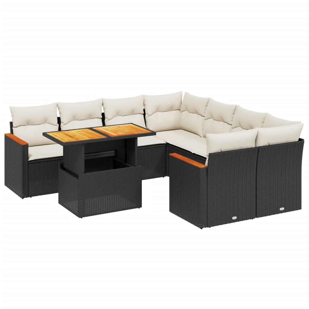 Salon de jardin 9 pcs avec coussins noir résine tressée