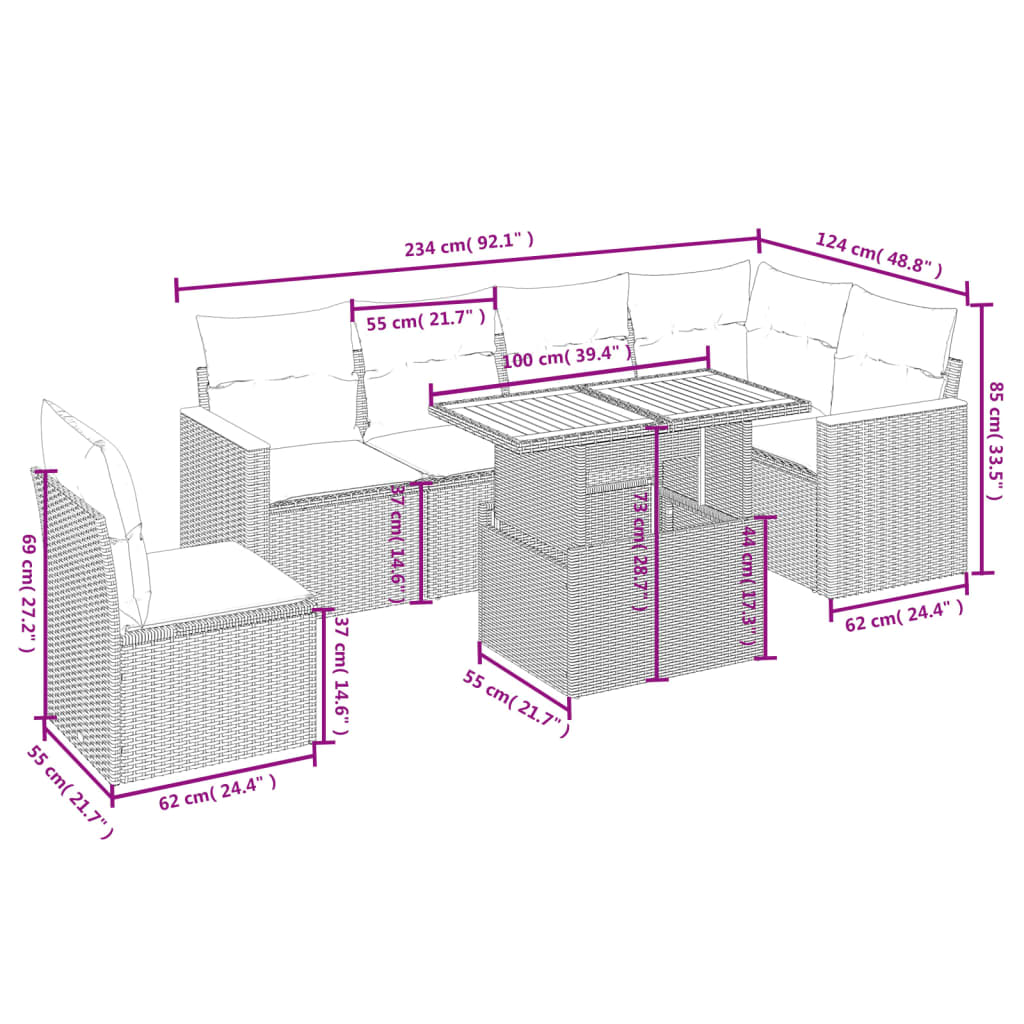 Salon de jardin avec coussins 7 pcs gris résine tressée
