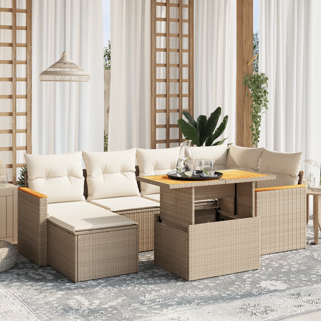 Salon de jardin avec coussins 7 pcs beige résine tressée