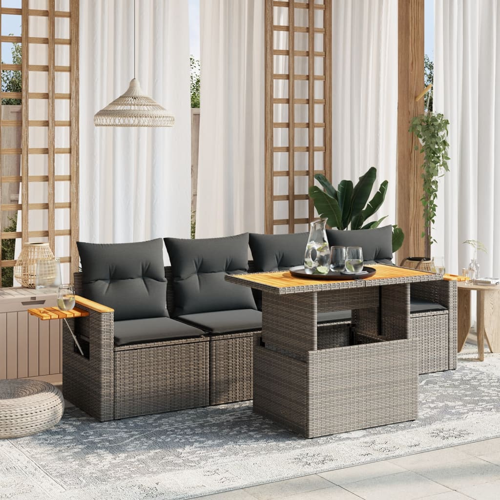 Salon de jardin 5 pcs avec coussins gris résine tressée