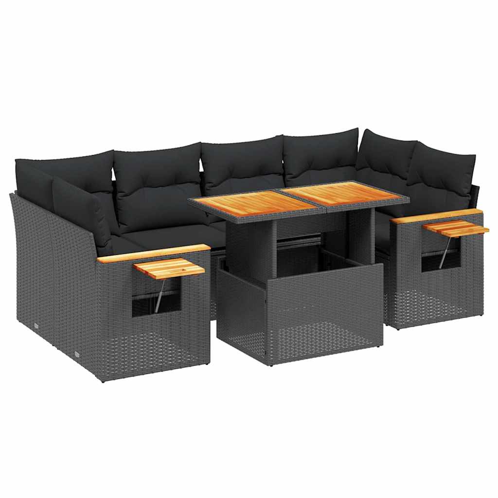 Salon de jardin 7 pcs avec coussins noir résine tressée