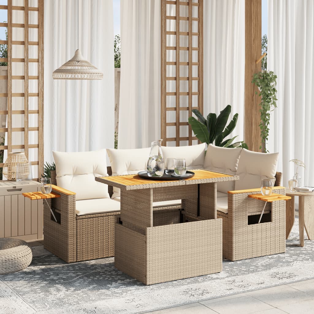 Salon de jardin avec coussins 5 pcs beige résine tressée