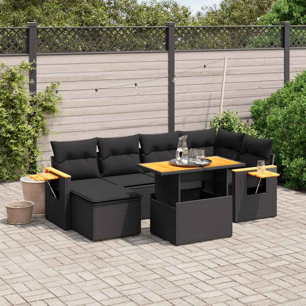 Salon de jardin 7 pcs avec coussins noir résine tressée
