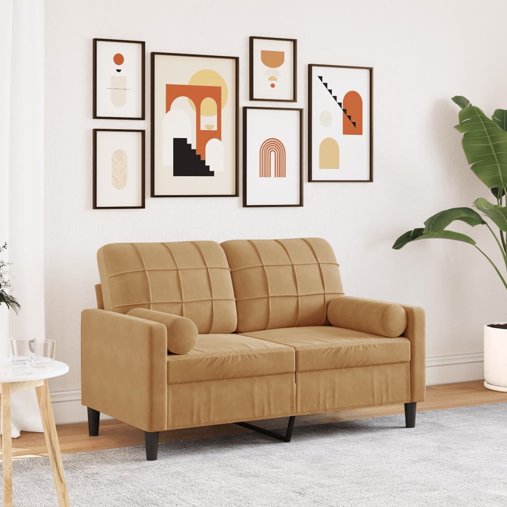 Canapé 2 places avec oreillers décoratifs brun 120 cm velours - XIOS