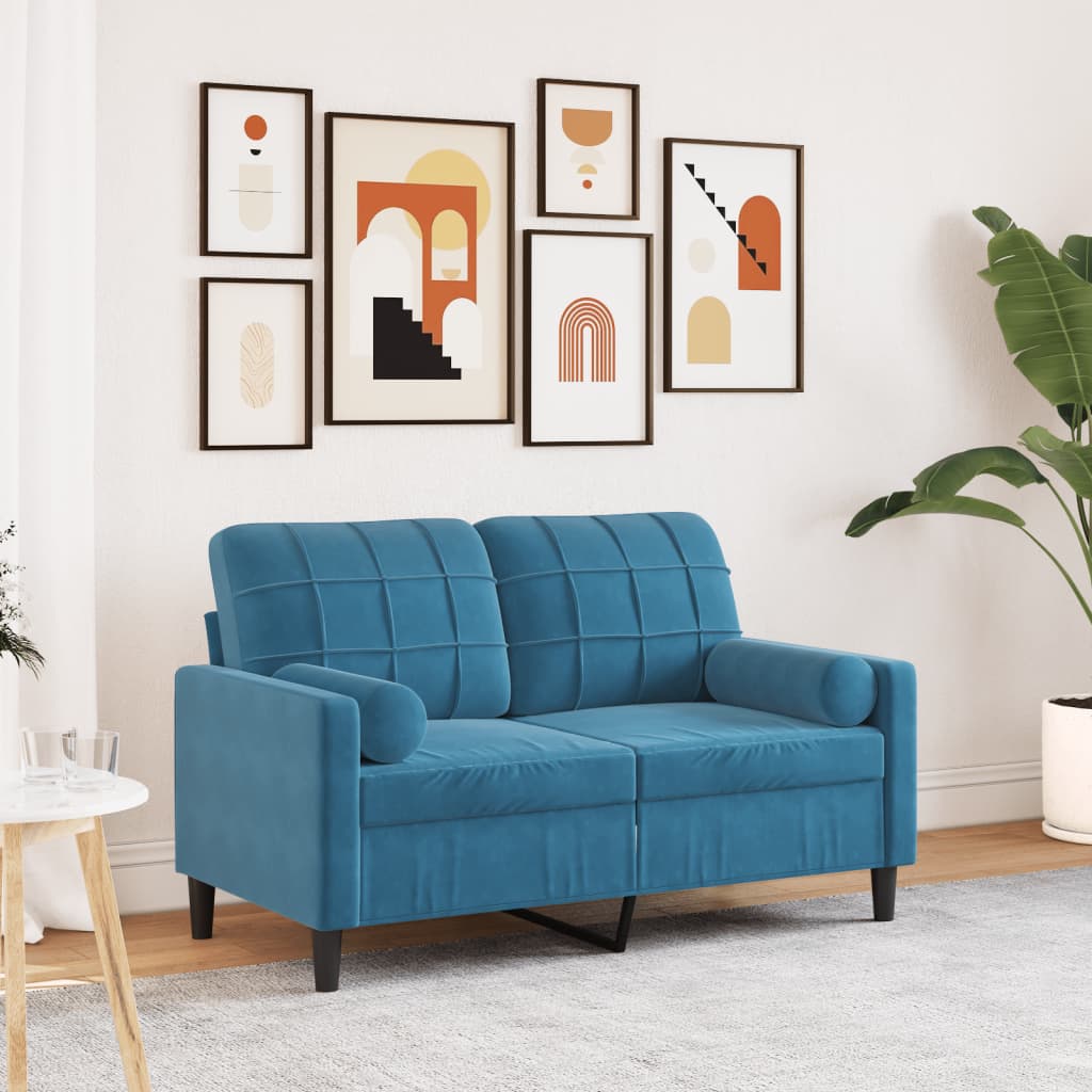 Canapé 2 places avec oreillers décoratifs bleu 120 cm velours - XIOS