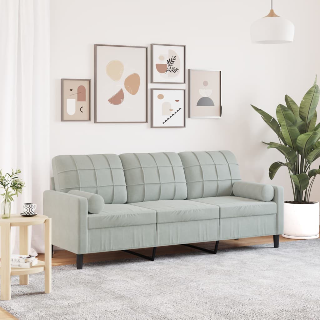 Canapé 3 places avec oreillers gris clair 180 cm velours - XIOS