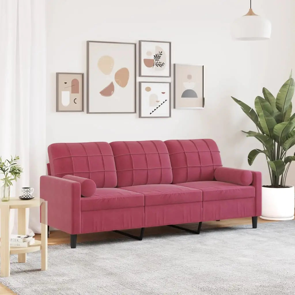 Canapé 3 places avec oreillers bordeaux 180 cm velours - XIOS