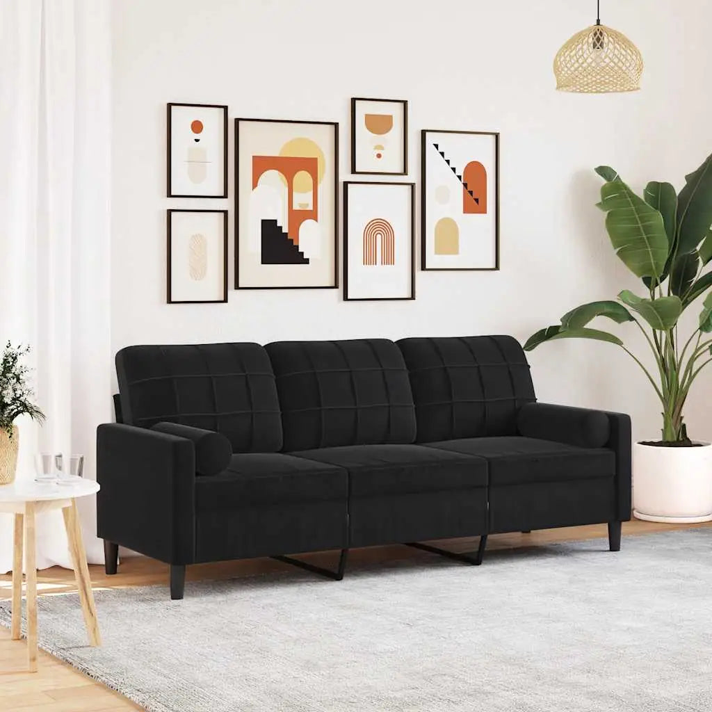 Canapé 3 places avec oreillers décoratifs noir 180 cm velours - XIOS