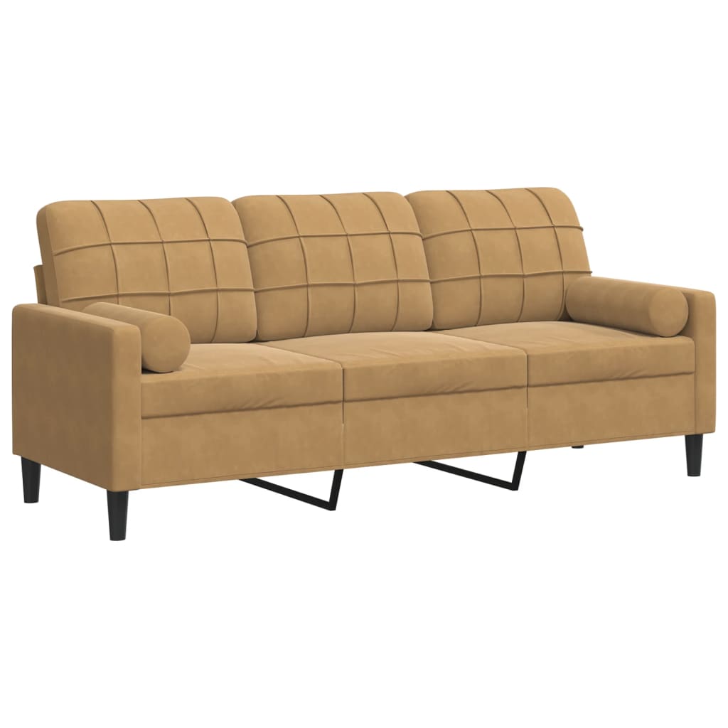 Canapé 3 places avec oreillers décoratifs marron 180 cm velours - XIOS