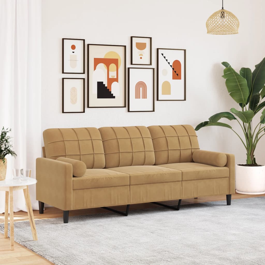 Canapé 3 places avec oreillers décoratifs marron 180 cm velours - XIOS