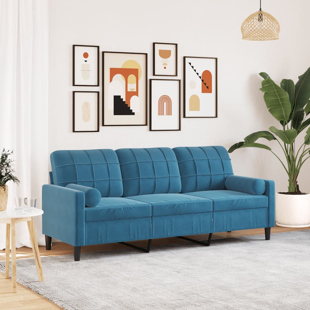 Canapé 3 places avec oreillers décoratifs bleu 180 cm velours - XIOS