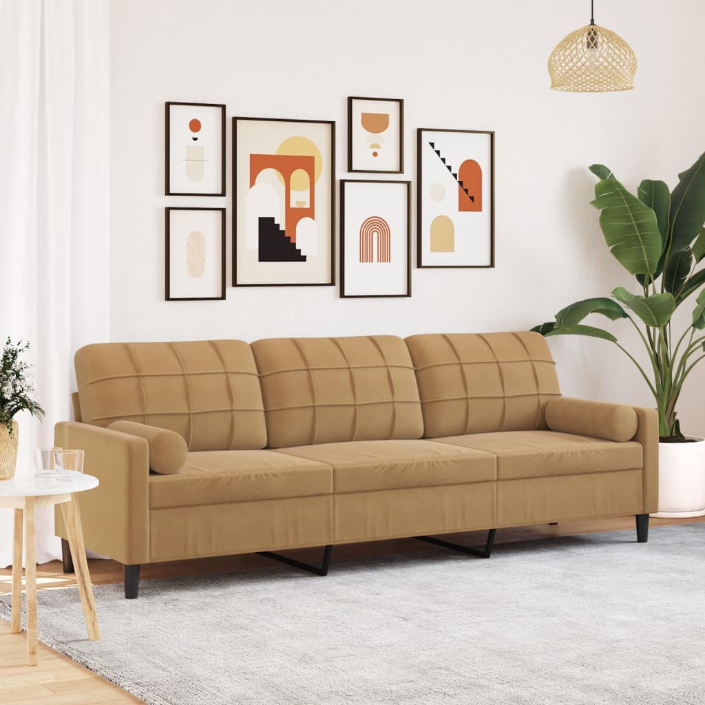 Canapé 3 places avec oreillers décoratifs marron 210 cm velours - XIOS