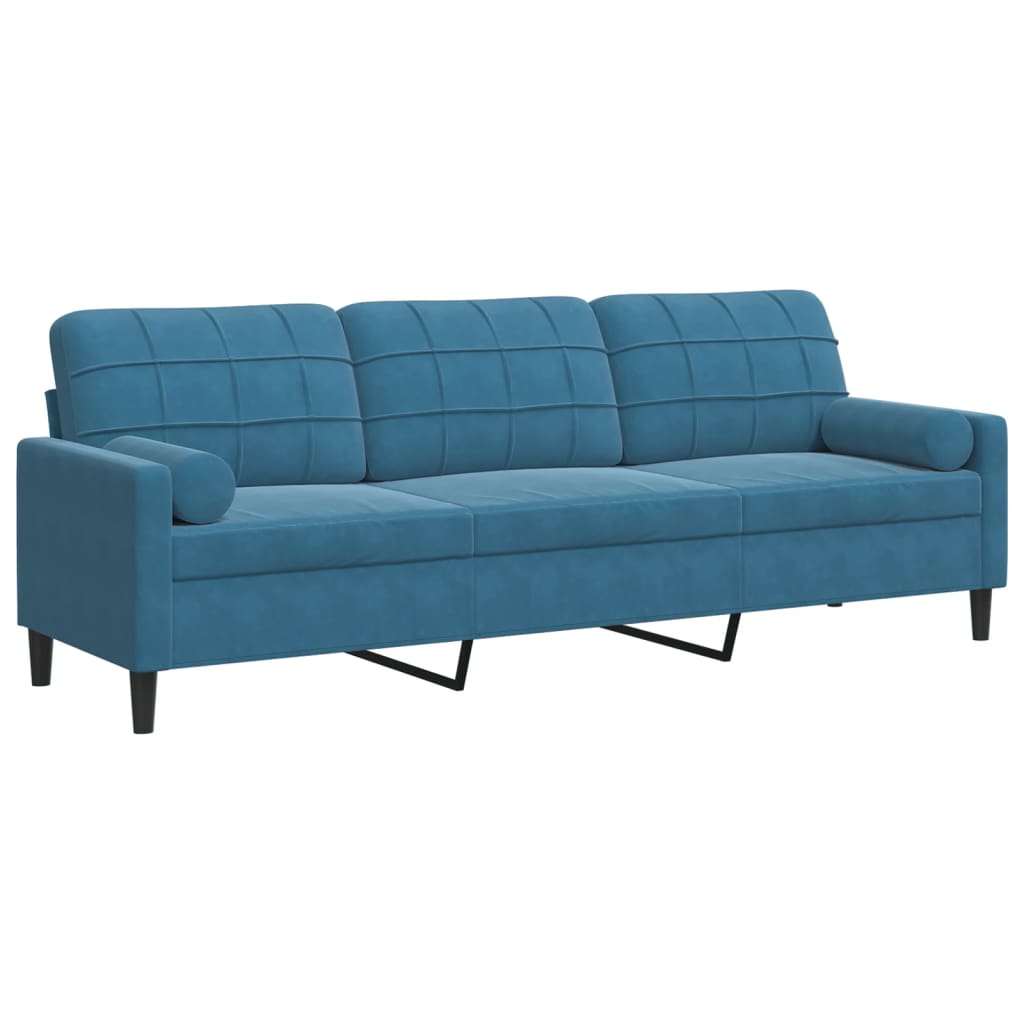Canapé 3 places avec oreillers décoratifs bleu 210 cm velours - XIOS