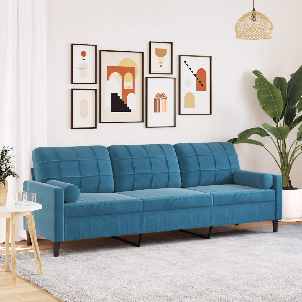 Canapé 3 places avec oreillers décoratifs bleu 210 cm velours - XIOS