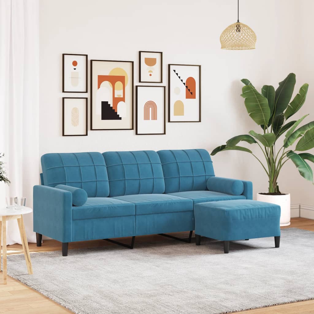Canapé à 3 places avec repose-pieds Bleu 180 cm Velours - XIOS