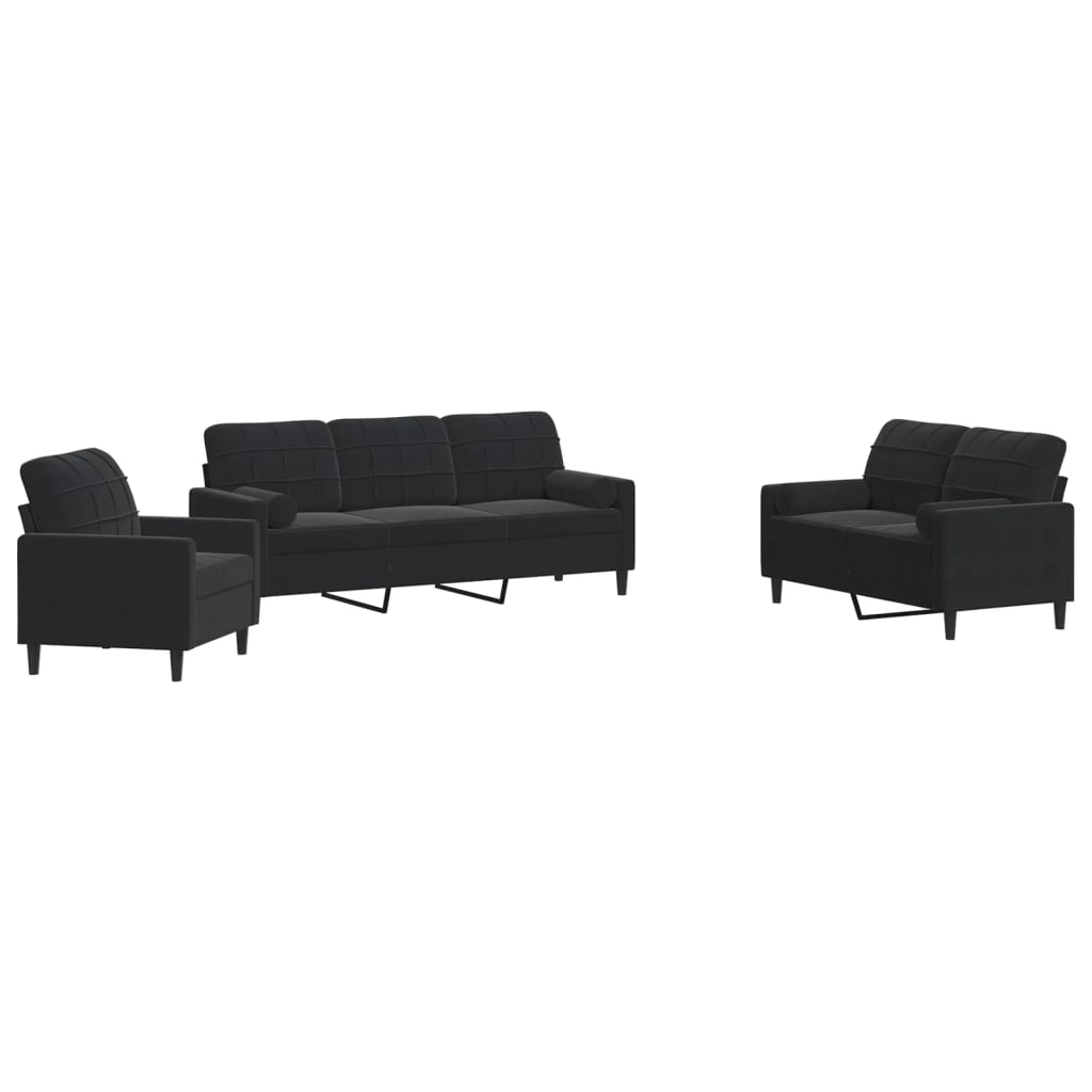 Ensemble de canapés 3pcs et coussins et traversins noir velours - XIOS