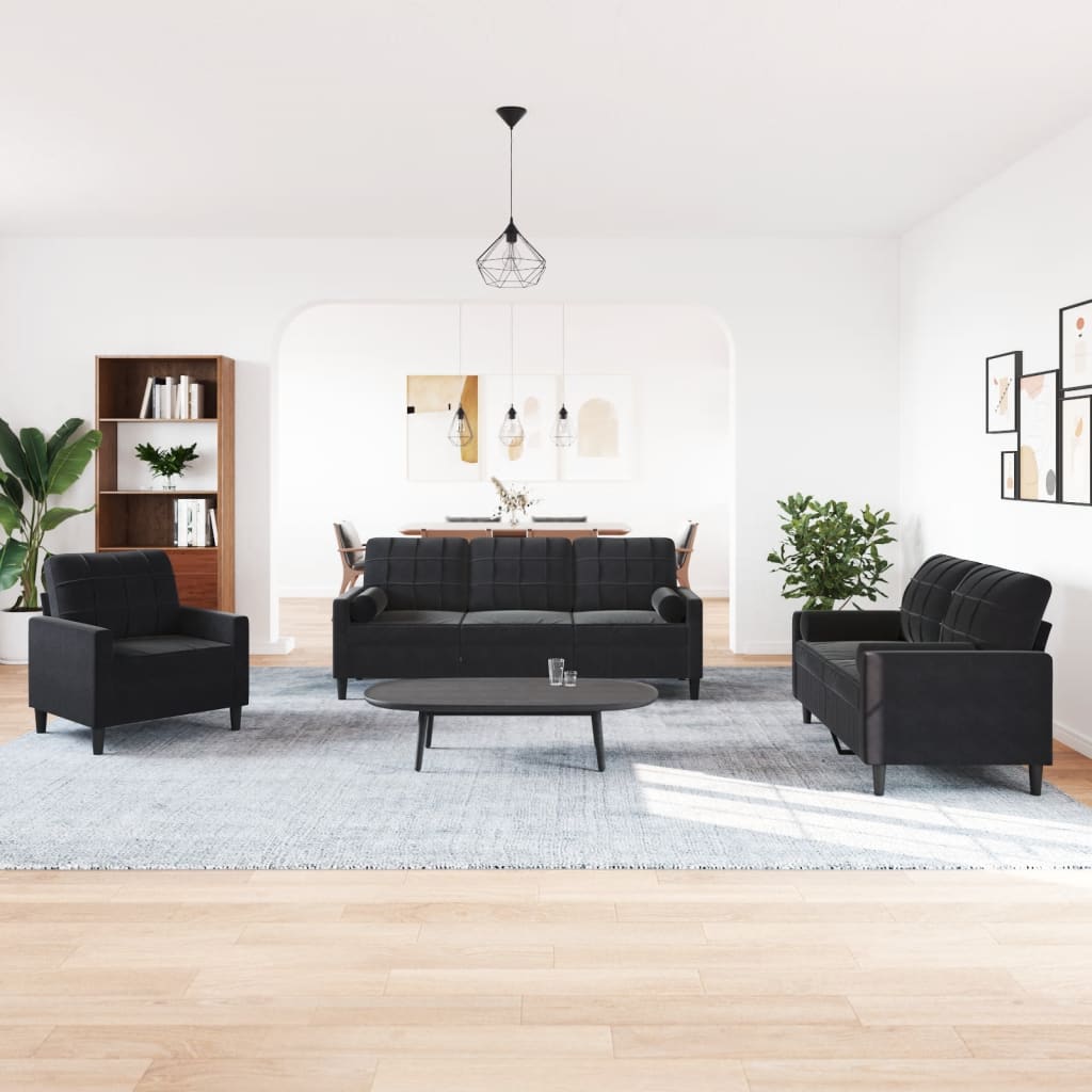 Ensemble de canapés 3pcs et coussins et traversins noir velours - XIOS