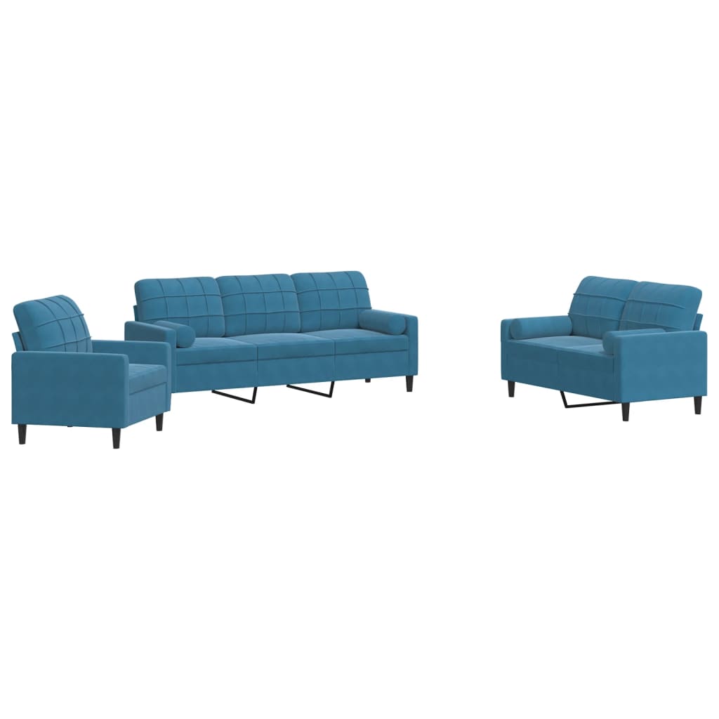 Ensemble de canapés 3pcs et coussins et traversins bleu velours - XIOS