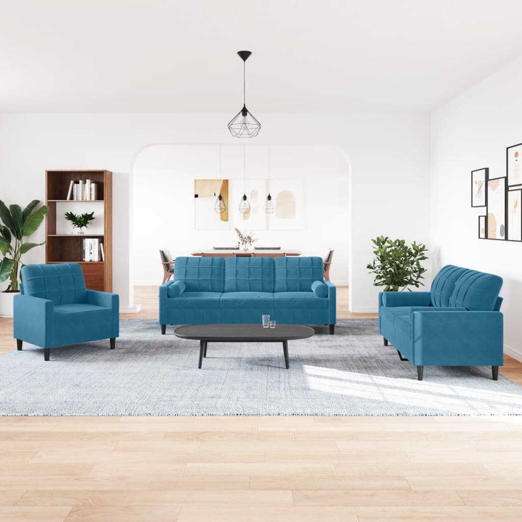 Ensemble de canapés 3pcs et coussins et traversins bleu velours - XIOS