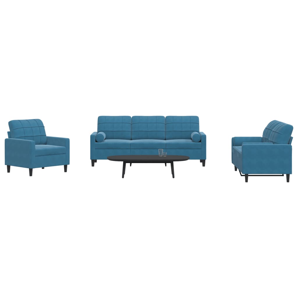 Ensemble de canapés 3pcs et coussins et traversins bleu velours - XIOS