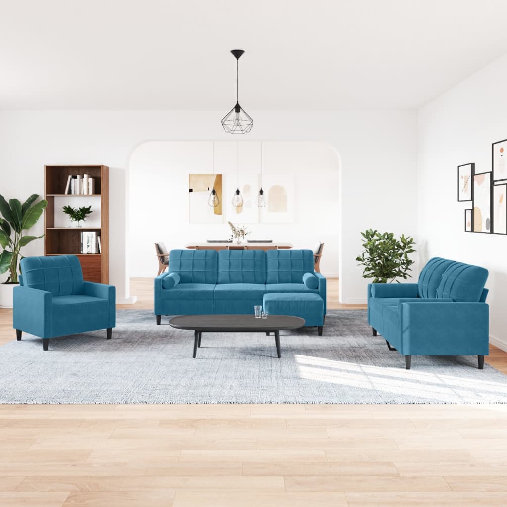 Ensemble de canapés 4pcs et coussins et traversins bleu velours - XIOS