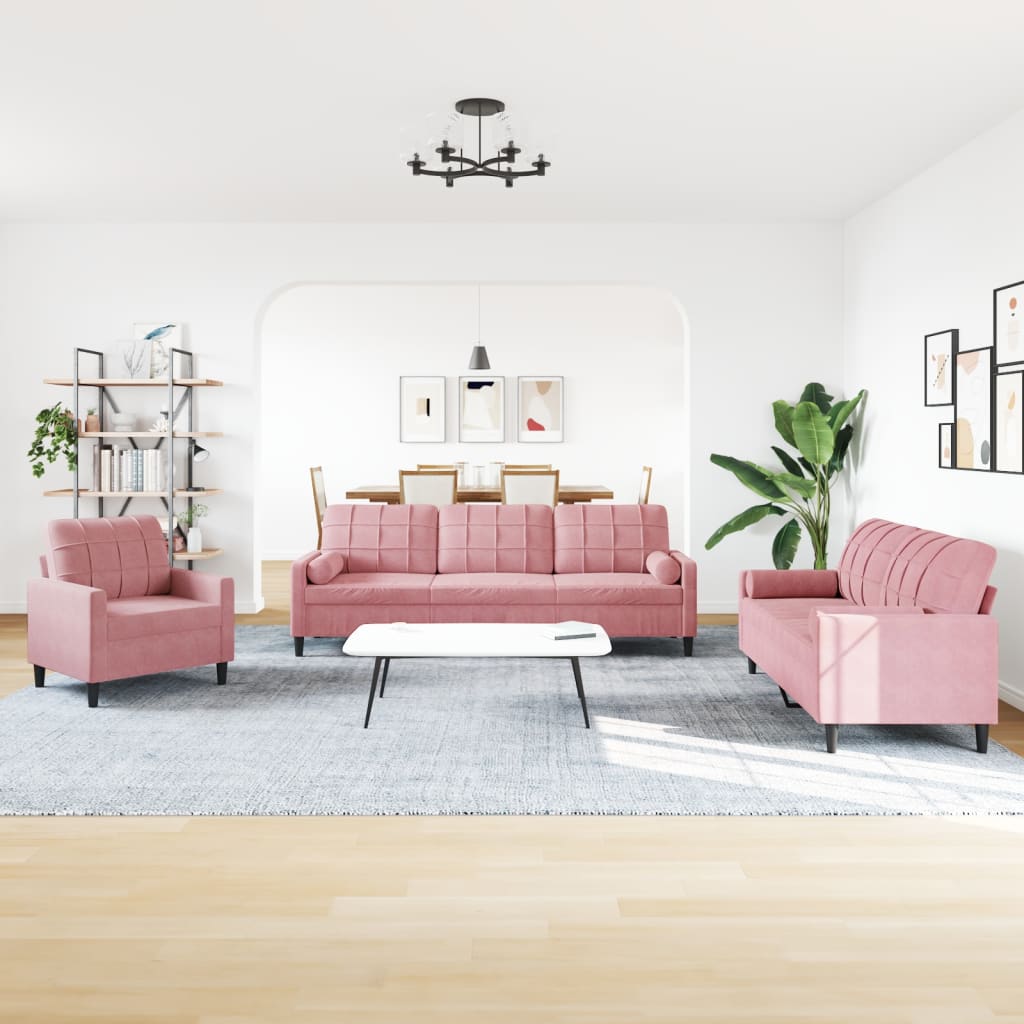 Ensemble de canapés 3pcs et coussins et traversins rose velours - XIOS