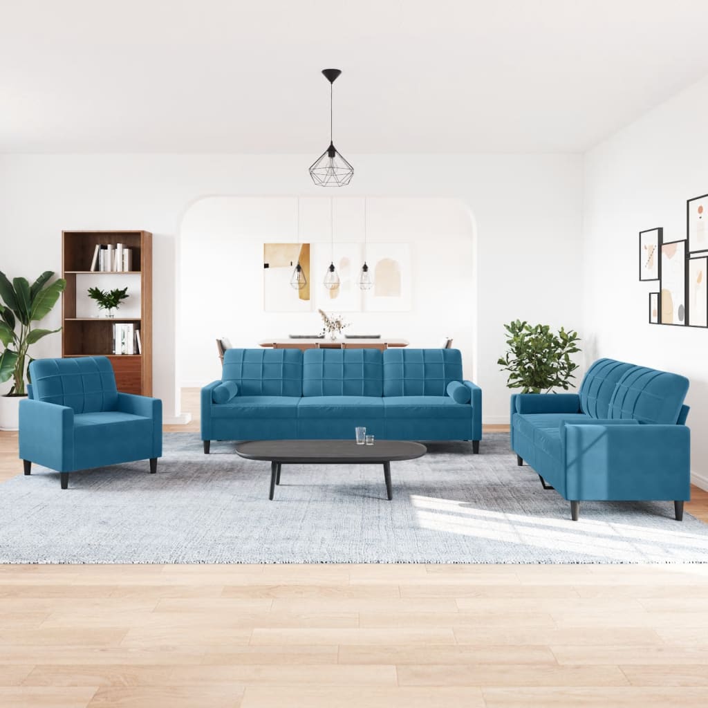 Ensemble de canapés 3pcs et coussins et traversins bleu velours - XIOS