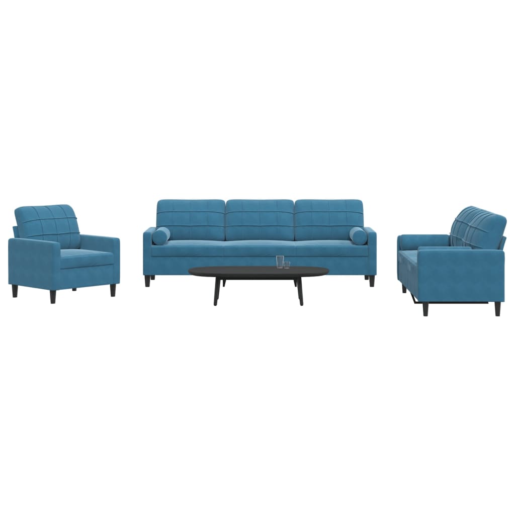 Ensemble de canapés 3pcs et coussins et traversins bleu velours - XIOS