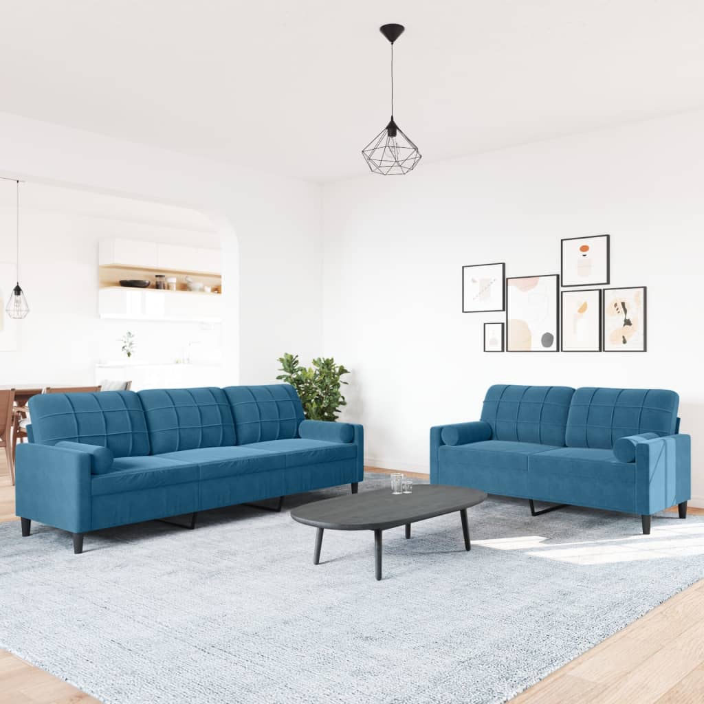 Ensemble de canapés 2pcs et coussins et traversins bleu velours - XIOS