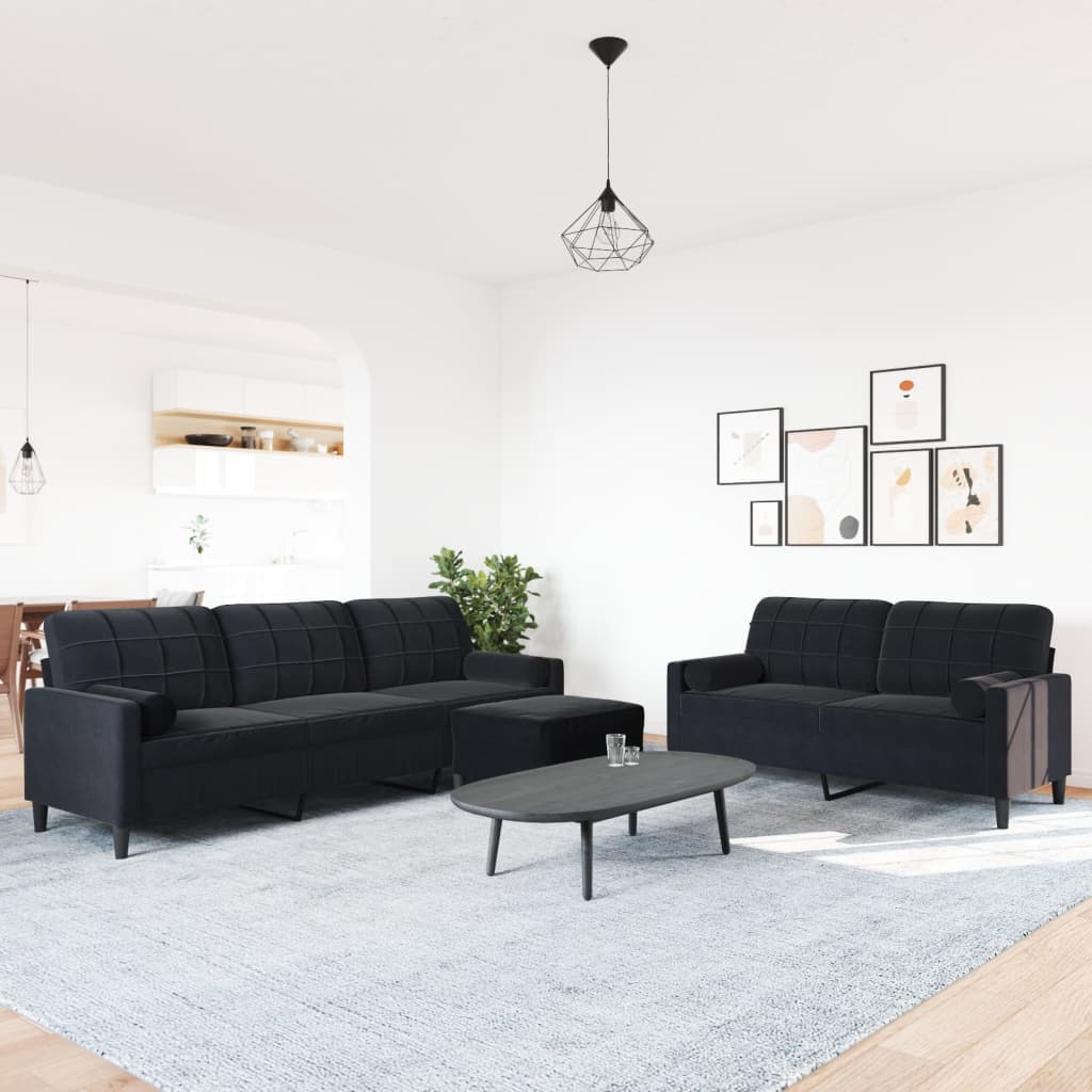 Ensemble de canapés 3pcs et coussins et traversins noir velours - XIOS