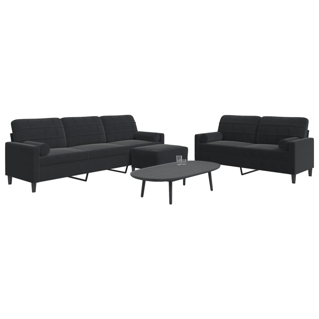 Ensemble de canapés 3pcs et coussins et traversins noir velours - XIOS